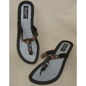 GRANDCO SANDALS  V-THONG Beach Pool THONG BLING Black Wedge Sandal Size US 7 NEW